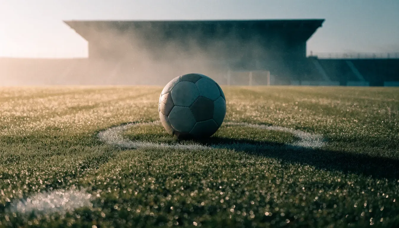 Ein einzelner Fussball liegt auf dem Anstosspunkt eines leeren Rasenplatzes am frühen Morgen, Tau glitzert auf dem Gras, die Tribüne liegt im Dunst.
