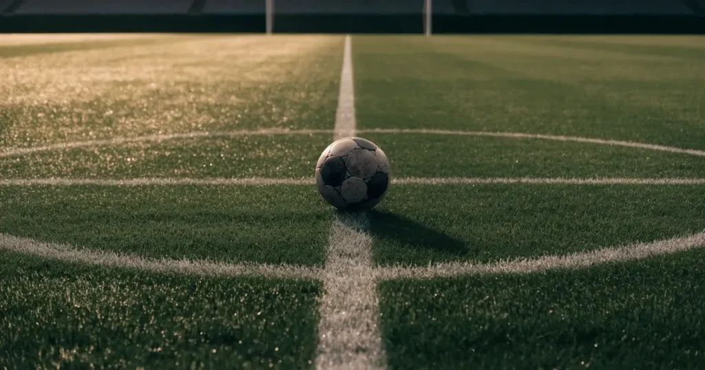 Ein Fussball liegt auf dem Mittelkreis eines Rasenfelds, die weissen Linien kreuzen sich auf dem gepflegten Gras im warmen Abendlicht.