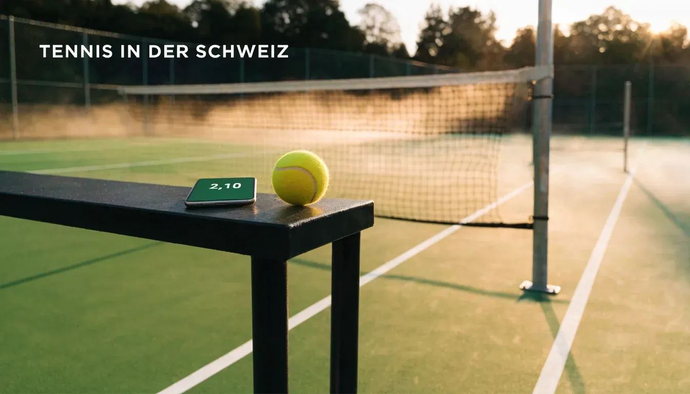 Ein Tennisplatz bei Sonnenaufgang, die Linien frisch gezogen, das Netz in der Mitte und Nebel über dem Boden.