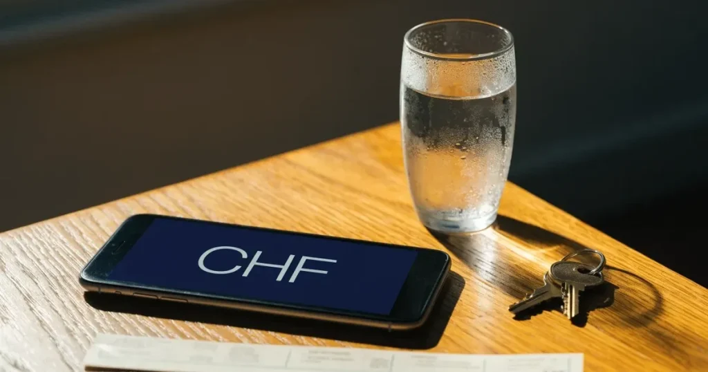 Ein Smartphone mit schwarzem Display liegt auf einem Holztisch neben einem Glas Wasser und einem Schlüsselbund.