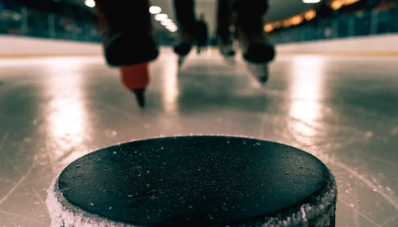 Ein Eishockeypuck liegt auf dem Eis, im Hintergrund unscharf die Bande unter hellem Hallenlicht.
