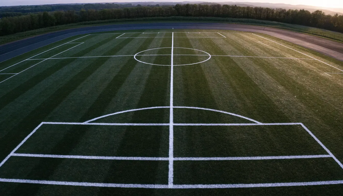 Ein Fussballplatz von oben gesehen, die Linien bilden ein helles Muster auf dem Rasen, Drohnenperspektive in der Morgendämmerung.
