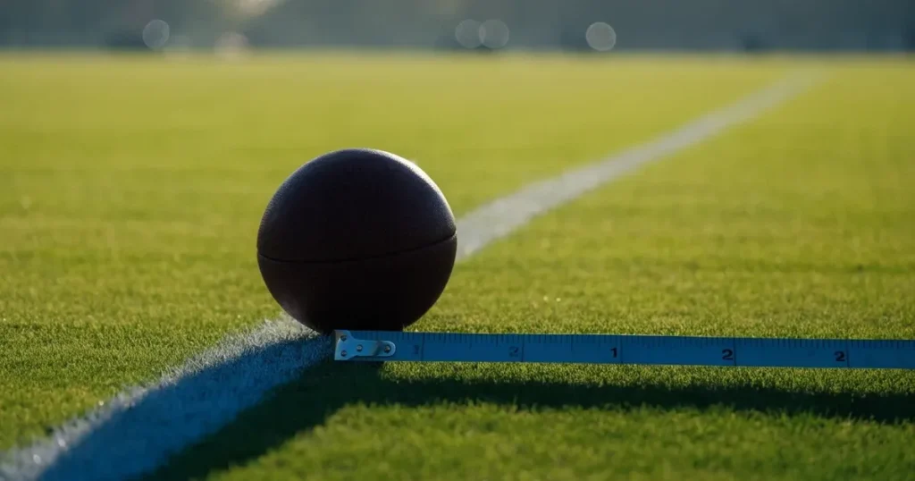 Ein Fussball und ein Massband liegen auf kurz geschnittenem Rasen neben einer Kreidelinie, Morgenlicht von der Seite.
