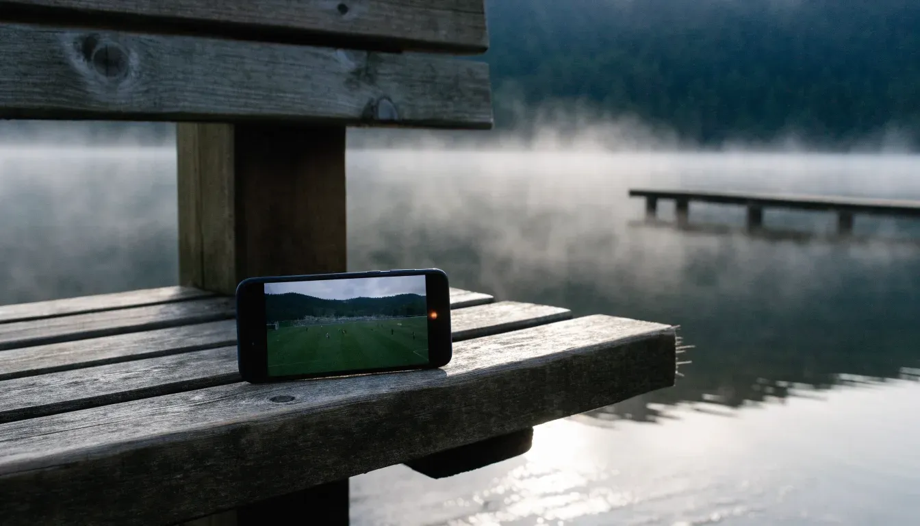 Ein Seeufer mit einem hölzernen Steg, Nebel liegt über dem Wasser, am anderen Ufer erheben sich Berge.
