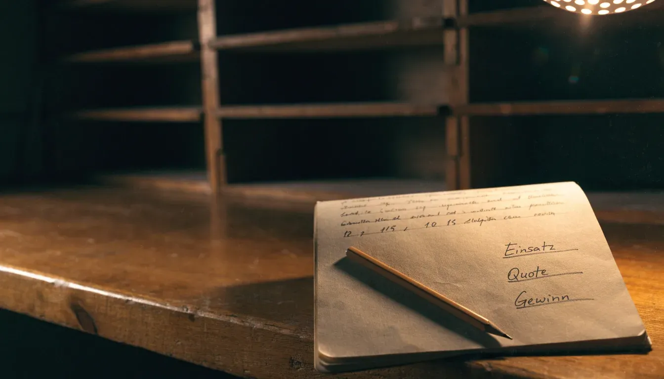 Ein alter Holztresen mit einem Notizbuch und einem Taschenrechner in warmem Lampenlicht, Regale im Hintergrund.