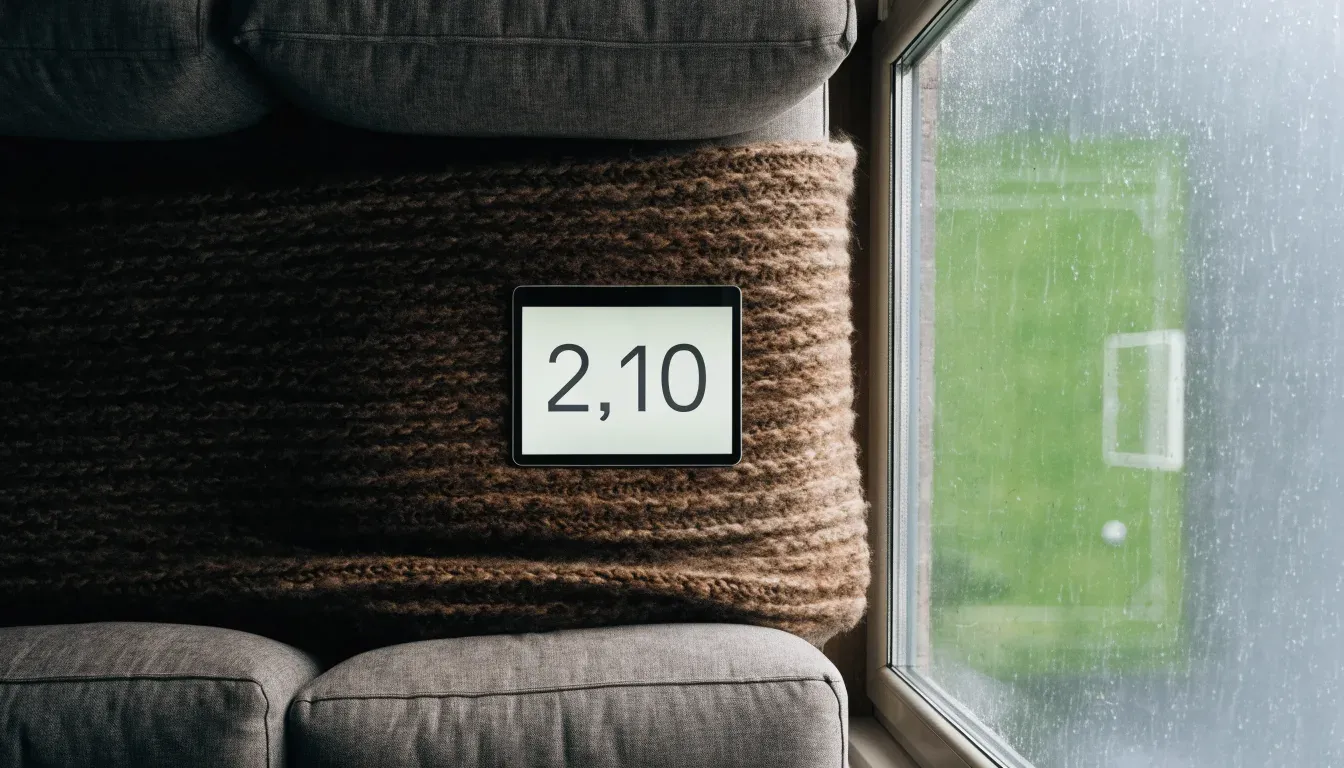 Ein Sofa mit Wolldecke steht vor einem grossen Fenster, draussen Regen und in der Ferne ein Fussballplatz.