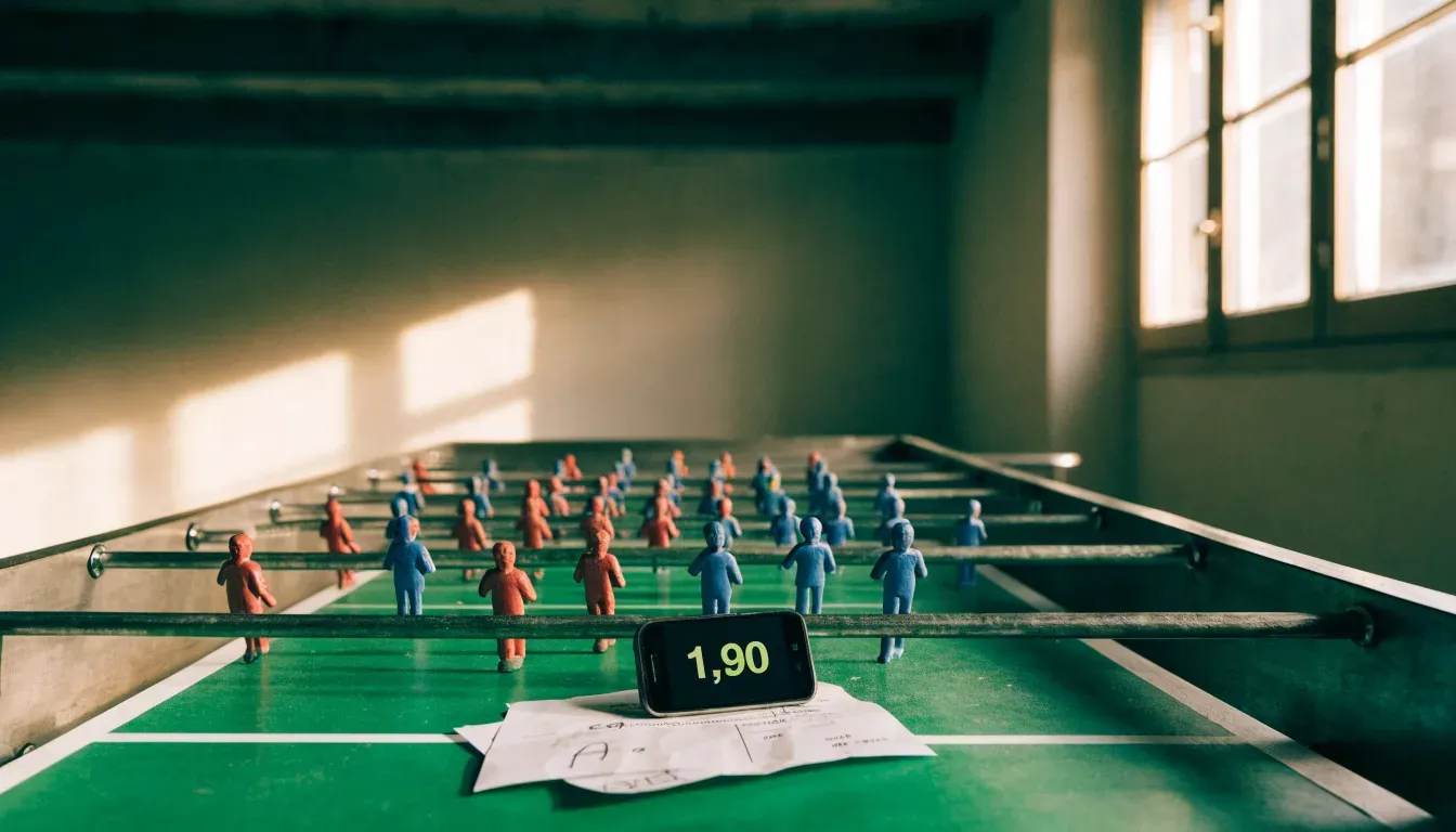 Ein Tischfussballtisch steht in einem leeren Aufenthaltsraum, Nachmittagslicht fällt durch ein Fenster.