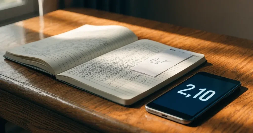 Ein aufgeschlagenes Notizbuch mit handschriftlichen Notizen und Skizzen liegt neben einer Stoppuhr auf einem Holztisch.