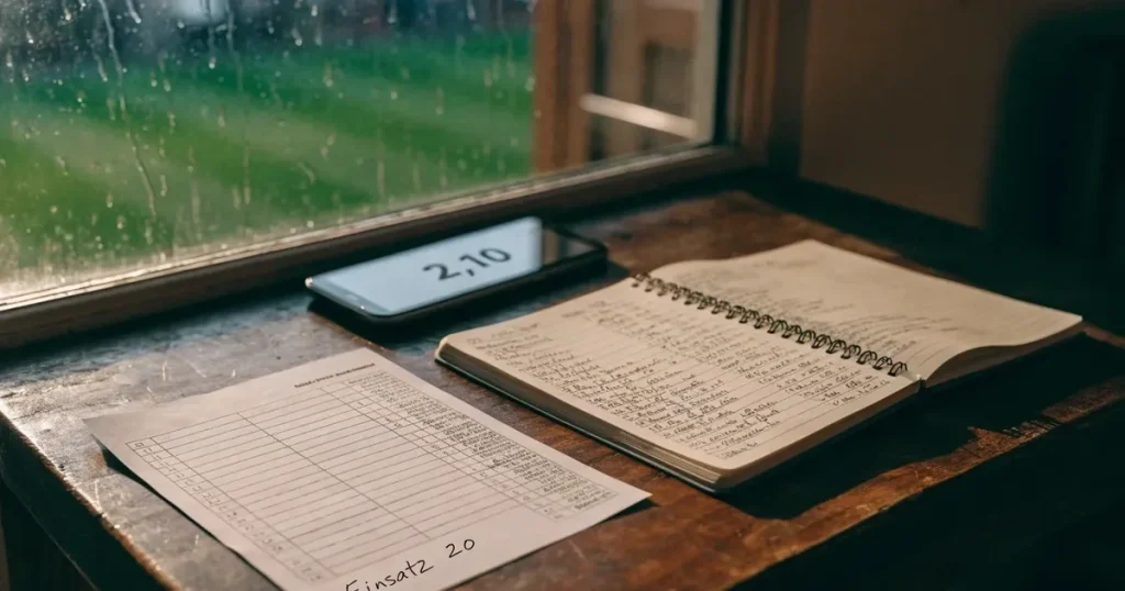 Ein Wetterbarometer hängt an einer Holzwand neben einem Fenster, draussen liegt ein nasser Fussballplatz im Regen.