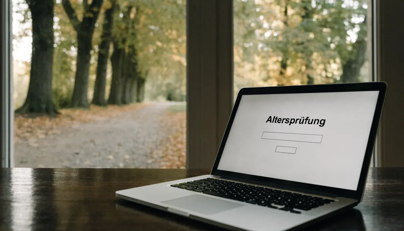 Eine Parkallee mit Kastanienbäumen und einer leeren Bank, Herbstlaub bedeckt den Kiesweg.