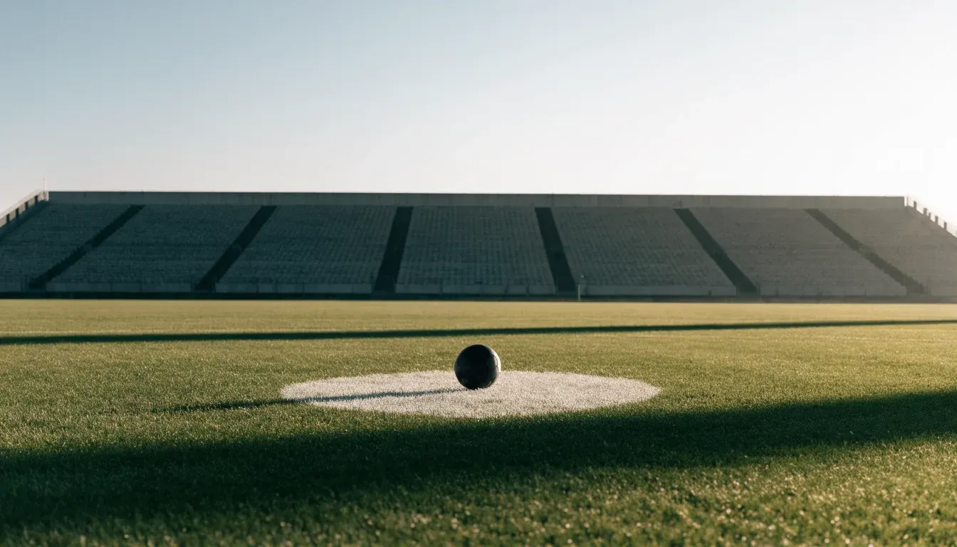 Ein Fussball liegt auf dem Anstosspunkt eines leeren Rasenplatzes im frühen Morgenlicht, dahinter erhebt sich eine menschenleere Tribüne.