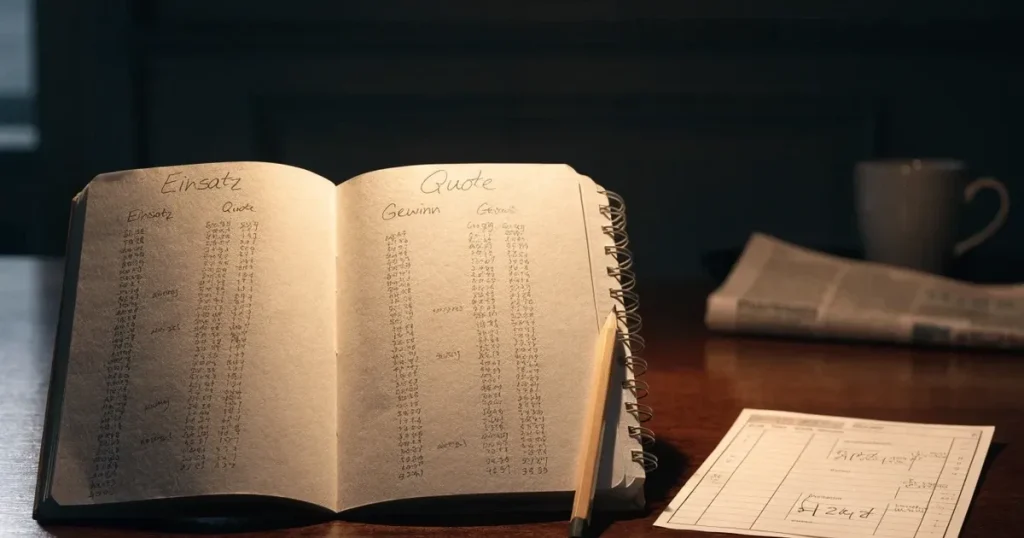Ein aufgeschlagenes Notizbuch mit handschriftlichen Strichlisten und Spalten liegt neben einem Bleistift auf einem Holztisch im warmen Licht einer Schreibtischlampe.