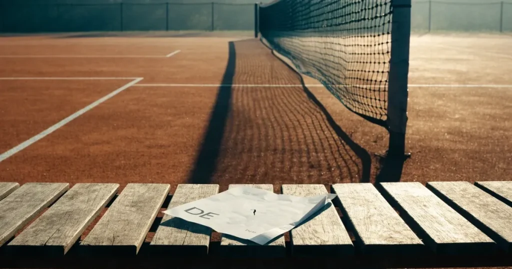Ein Sandplatz für Tennis liegt bei Sonnenaufgang still da, das Netz wirft einen langen Schatten über die weissen Linien.