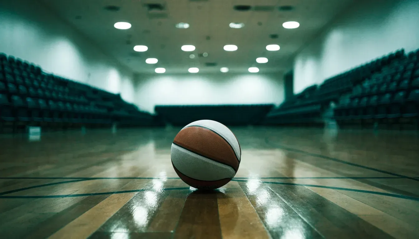 Ein Basketball liegt auf dem Parkett einer leeren Halle, von den Deckenlampen fällt gleichmässiges Licht auf den Boden.