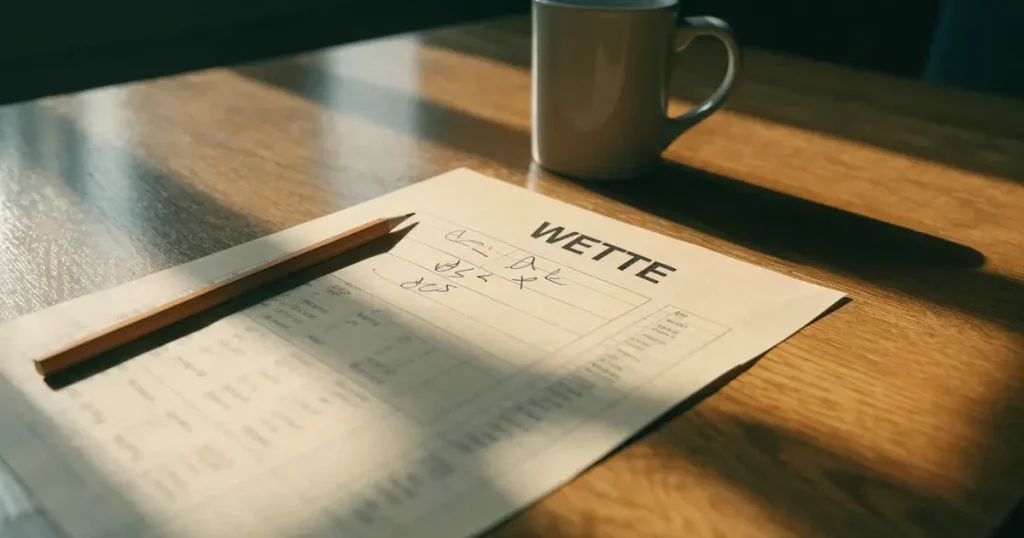 Ein leerer Wettschein aus Papier liegt auf einem Holztisch neben einem Bleistift und einem Kaffeebecher.