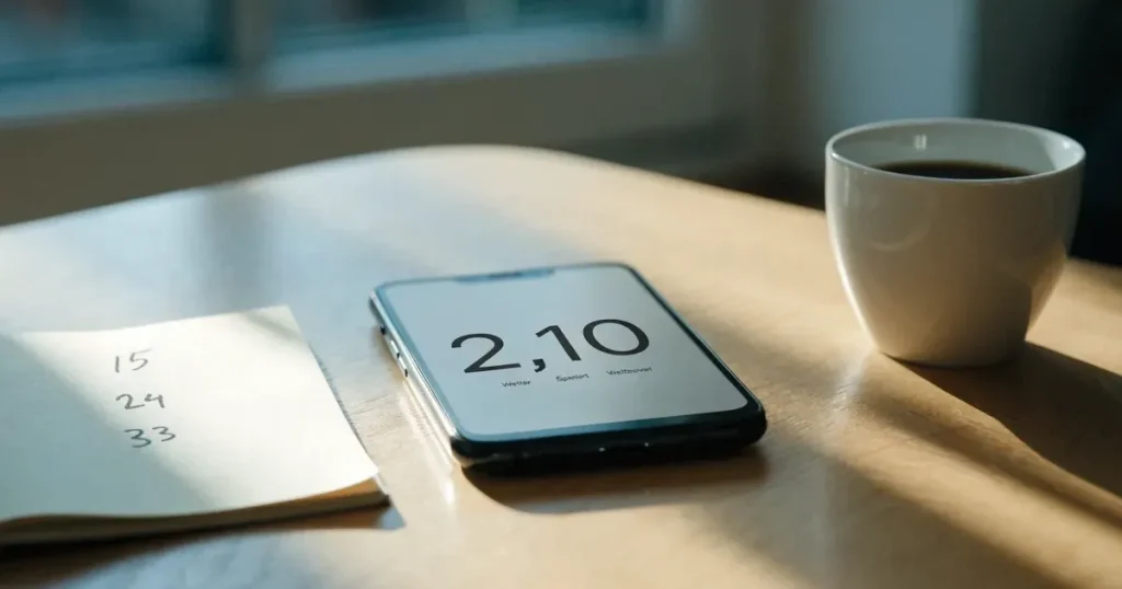 Ein Smartphone mit dunklem Display liegt neben einer Kaffeetasse auf einem hellen Tisch, daneben ein Notizblock.