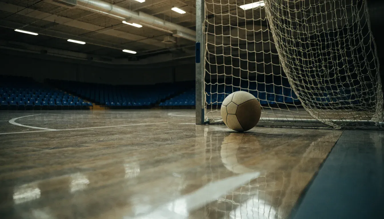 Ein Handballtor in einer leeren Sporthalle, der Ball liegt im Torraum und das Hallenlicht spiegelt sich im Parkett.