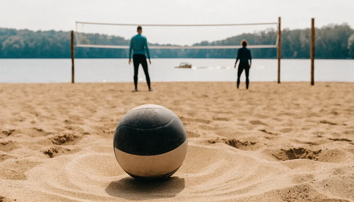Ein Volleyball liegt im Sand eines Spielfelds am Seeufer, im Hintergrund gleitet ein Boot über das Wasser.