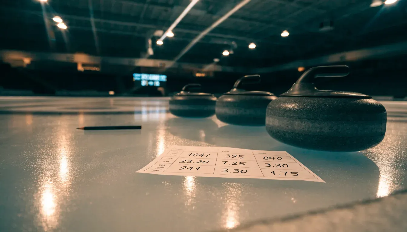Mehrere Curlingsteine liegen auf einer glatten Eisfläche in einer leeren Halle, Deckenlicht spiegelt sich im Eis.