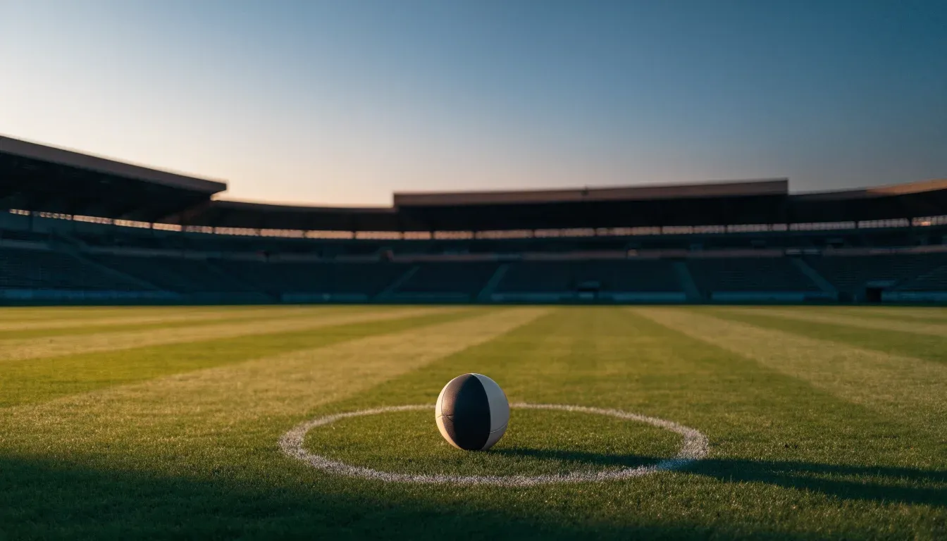 Ein Fussball liegt auf dem Mittelkreis eines leeren Rasenplatzes, dahinter ragen leere Tribünenreihen in den Abendhimmel.