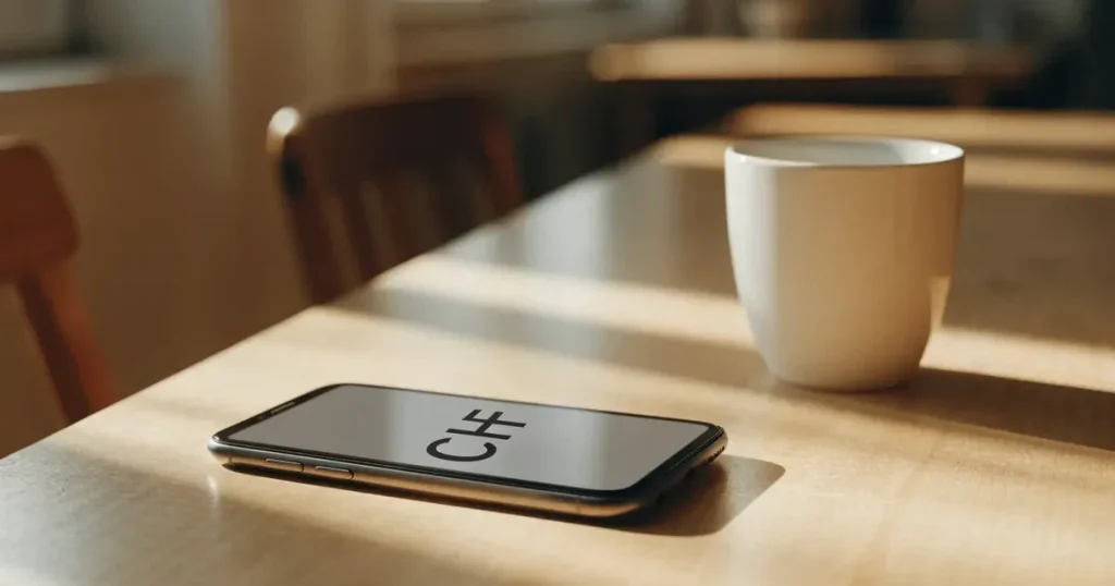 Ein Smartphone mit dunklem Display liegt auf einem hellen Holztisch neben einer Kaffeetasse, Morgenlicht fällt schräg durch ein Fenster.