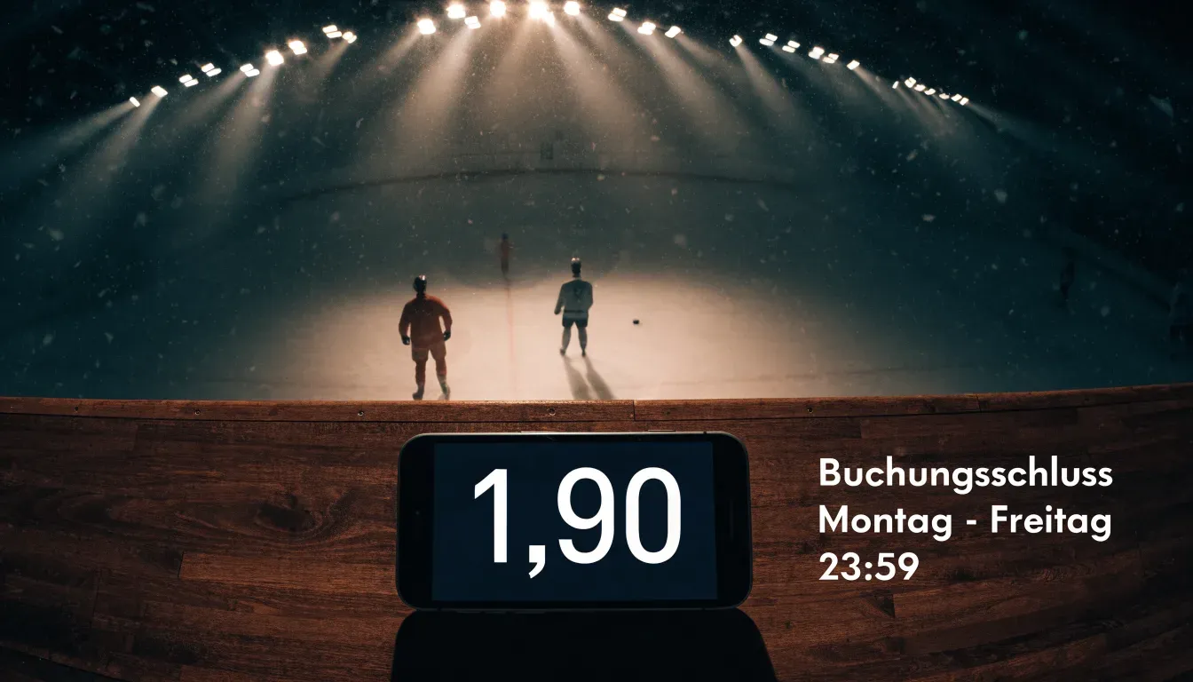 Eine Eishockeybahn liegt unter Flutlicht aus der Ferne betrachtet, leichter Schneefall treibt durch den Lichtkegel über dem Eis.