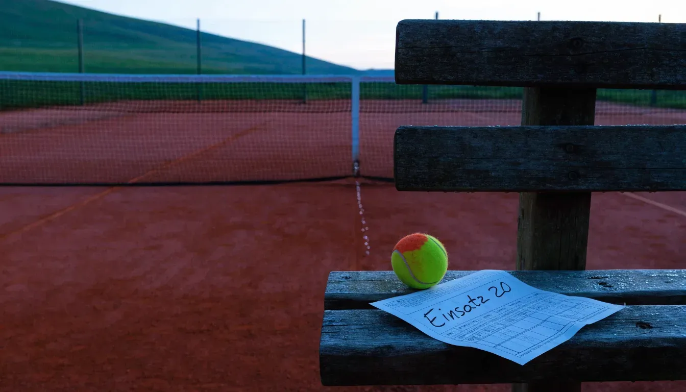 Ein Sandplatz für Tennis liegt bei Morgengrauen leer da, Tau glänzt auf dem Netz, hinter dem Zaun steigen Wiesen an.