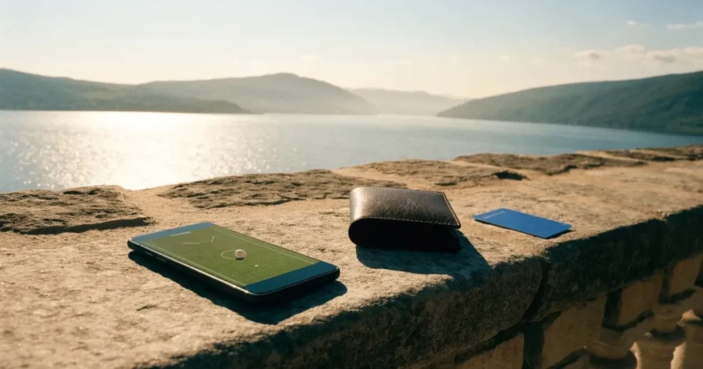 Eine Lederbörse und ein Schlüsselbund liegen auf der Steinbrüstung einer Seepromenade, dahinter glitzert der See im späten Nachmittagslicht.