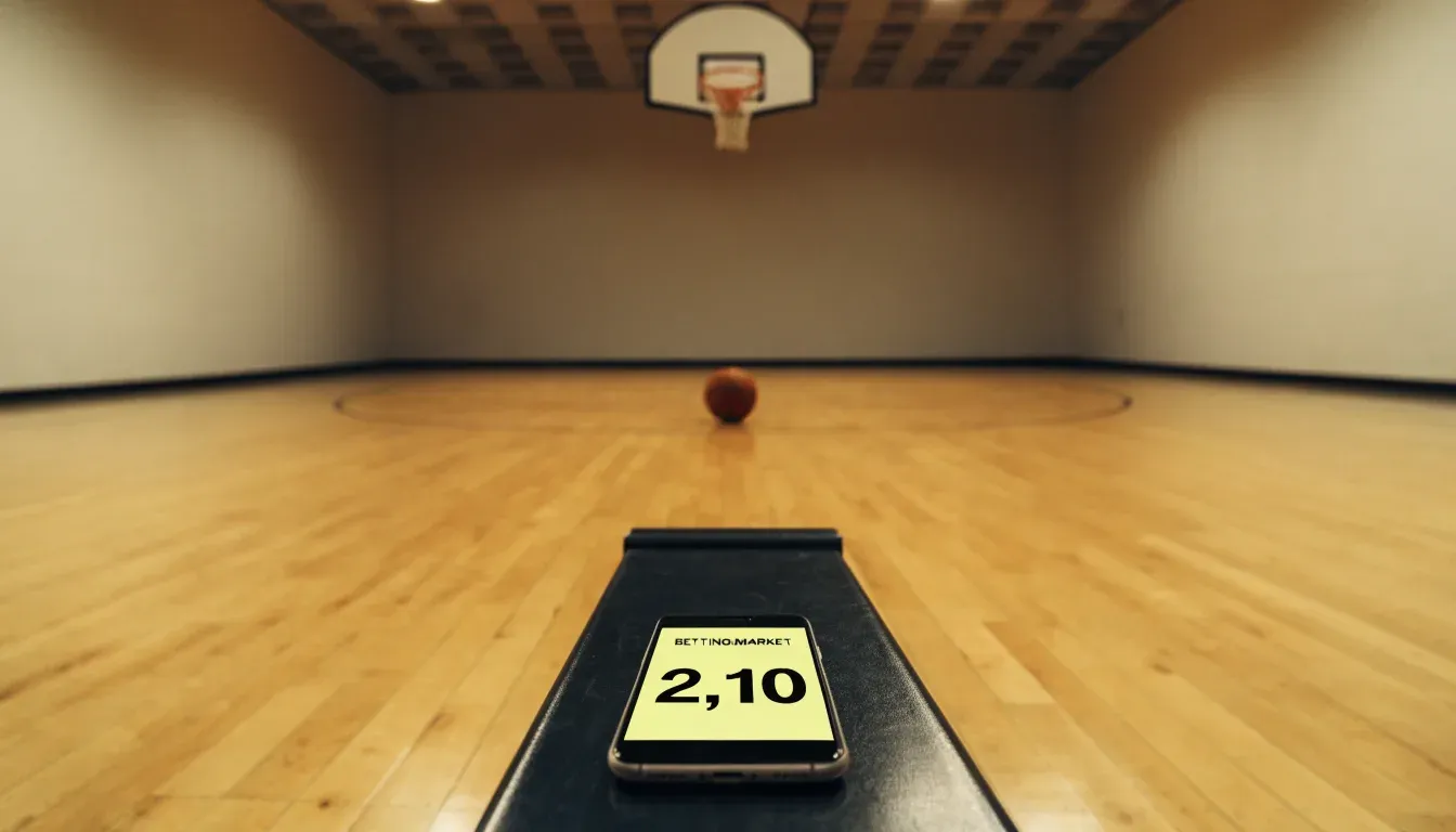Ein Basketballkorb hängt in einer leeren Halle über einem Holzparkett, von der Decke fällt gleichmässiges Licht auf den Boden.