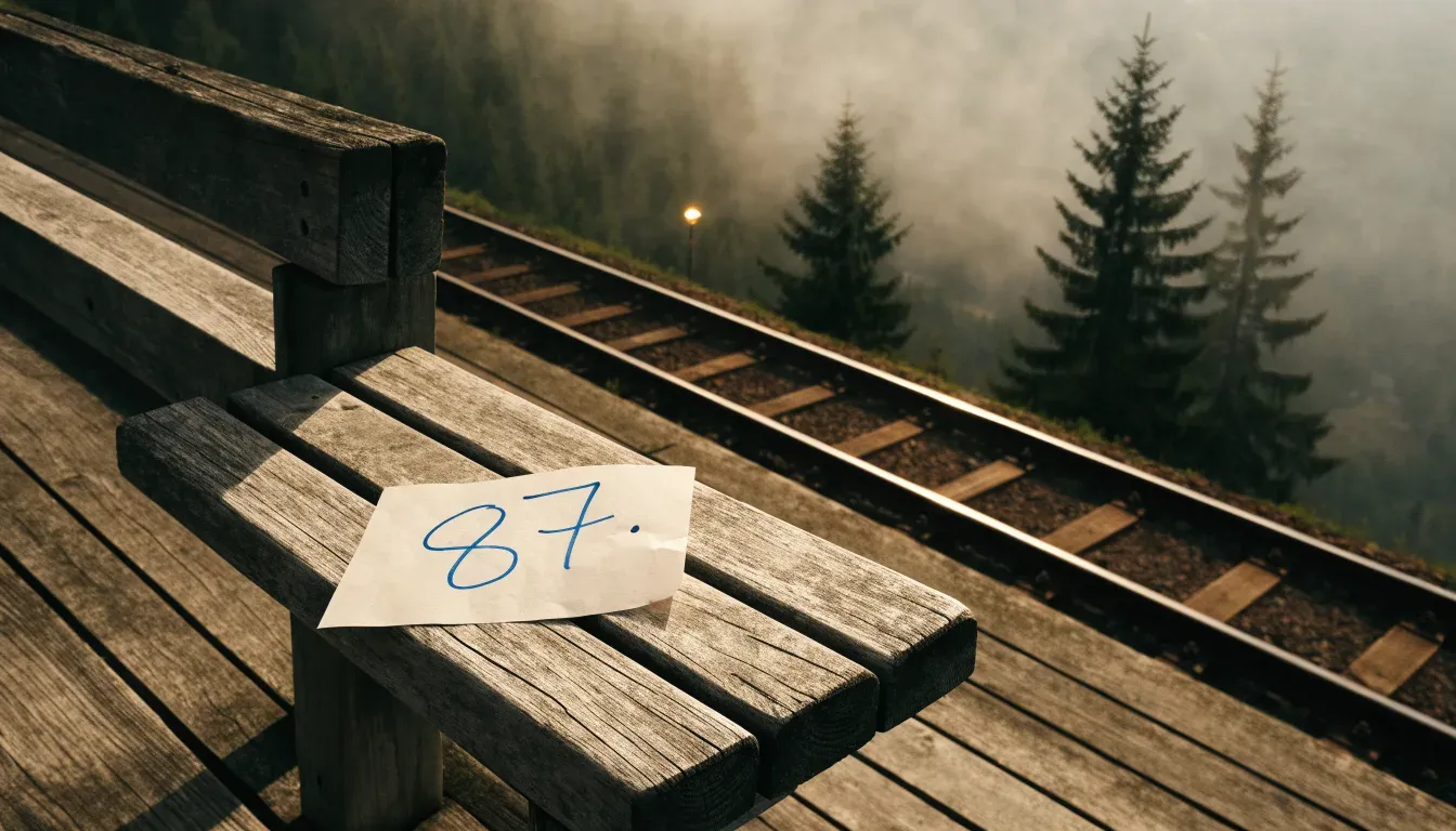 Ein leerer Bahnsteig in den Bergen mit zwei Gleisen, über den Schienen hängt Morgennebel und dahinter ragen dunkle Tannen auf.