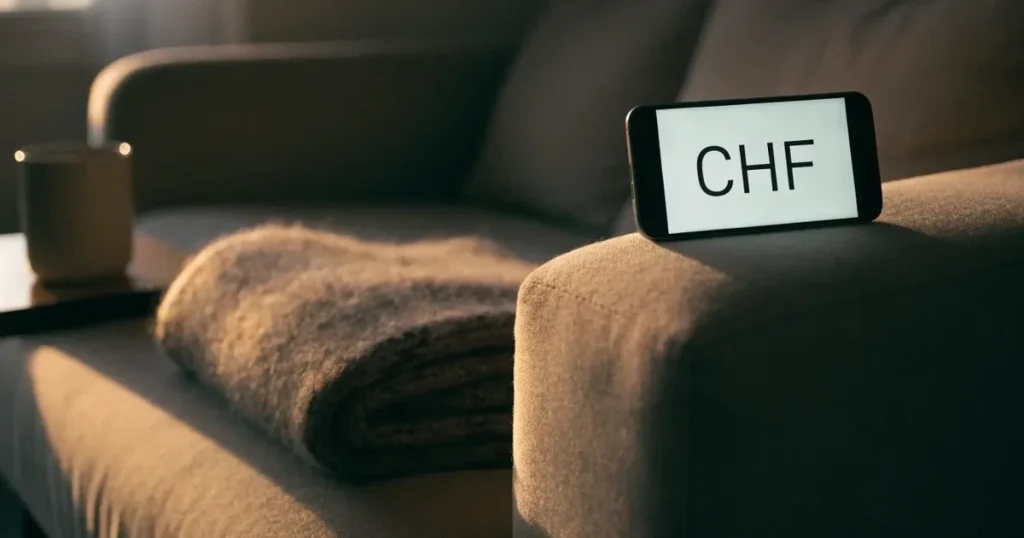Ein Smartphone mit dunklem Display liegt auf der Lehne eines Sofas neben einer Wolldecke, warmes Abendlicht fällt ins Zimmer.