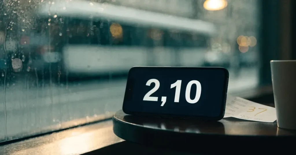 Ein Café-Tisch am Fenster trägt ein Smartphone mit dunklem Display, an der Scheibe laufen Regentropfen herunter und draussen steht eine Tram.
