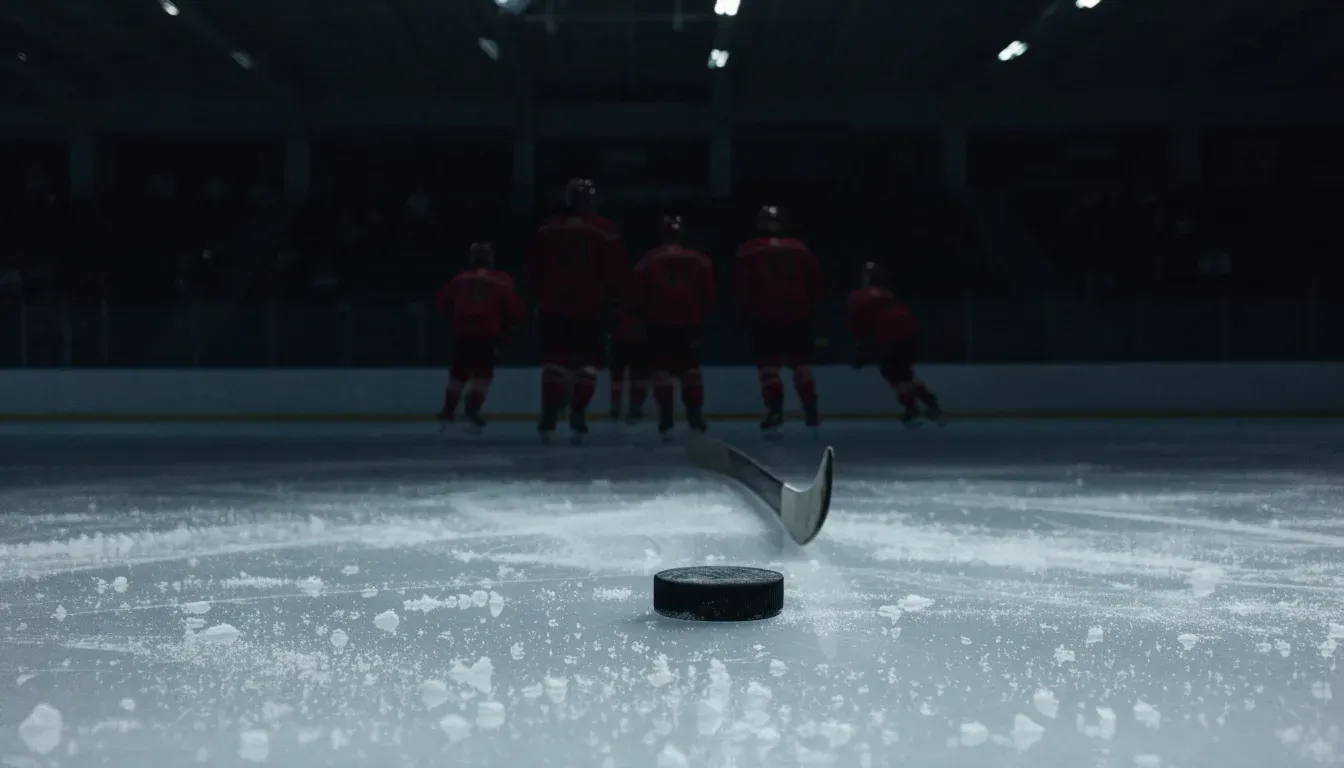 Ein Eishockeypuck liegt auf der Eisfläche neben dem Blatt eines Schlägers, die Bande dahinter ist im Dunkeln nur schwach zu erkennen.