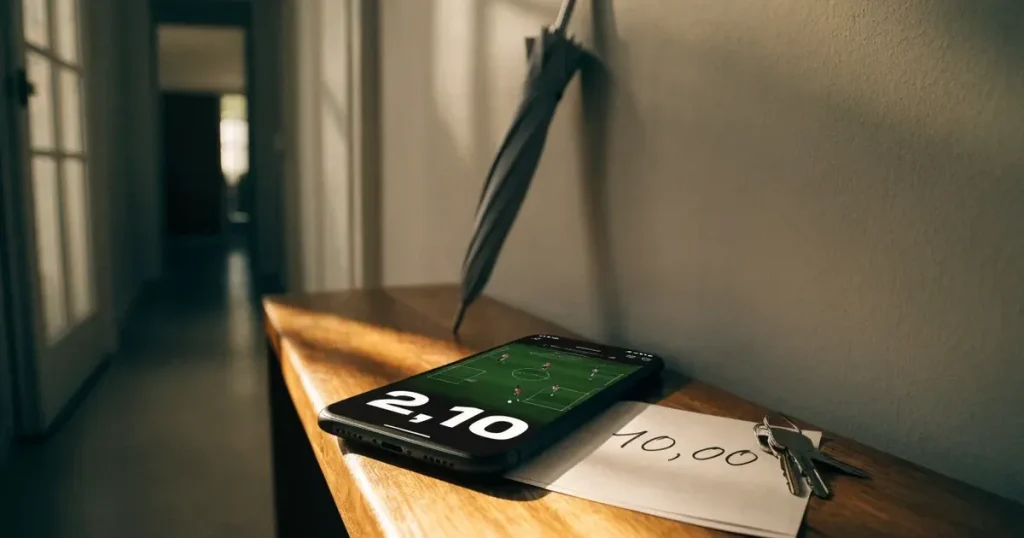 Ein Schlüsselbund und ein Smartphone mit dunklem Display liegen auf einer Holzbank in einem Hauseingang, daneben ein Regenschirm.