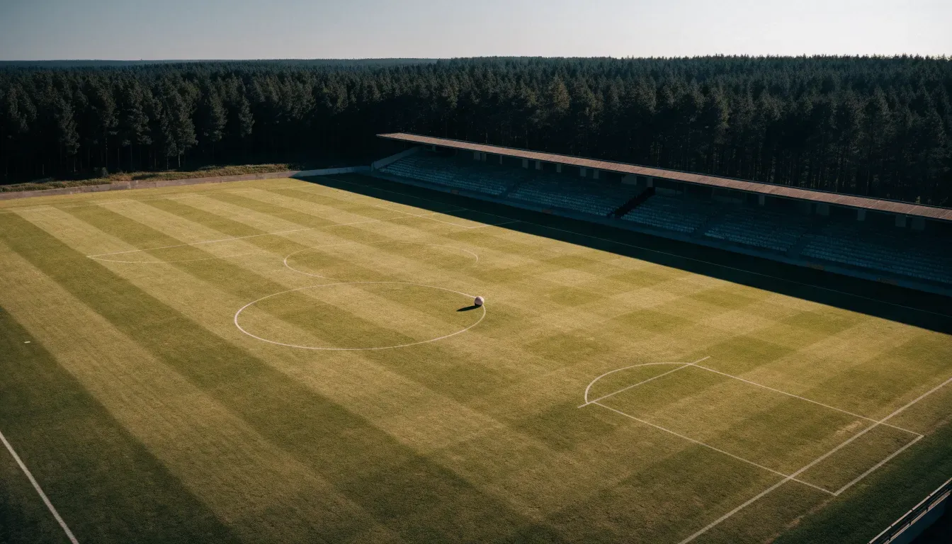 Ein Rasenplatz mit Spielfeldlinien ist von oben gesehen, ein einzelner Ball liegt in der Mitte, rundherum stehen leere Tribünen und Tannenwald.