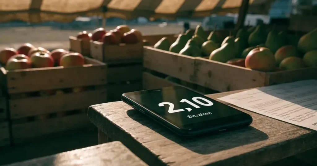 Ein Smartphone mit dunklem Display liegt auf dem Holztisch eines Marktstands zwischen Äpfeln und Birnen, morgendliches Licht fällt durch eine Plane.