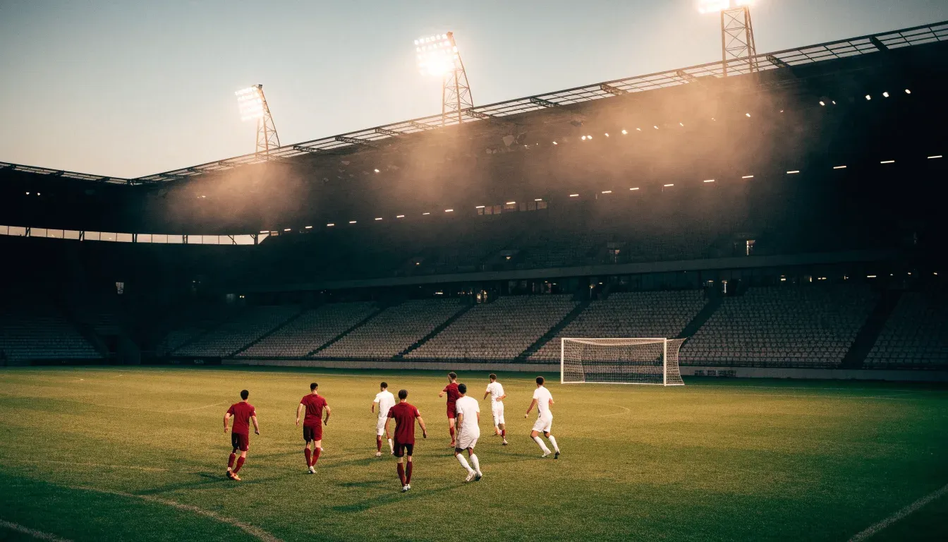 Leere Tribünenränge eines Fussballstadions in der Abenddämmerung, über dem Rasen leuchten die Flutlichter.