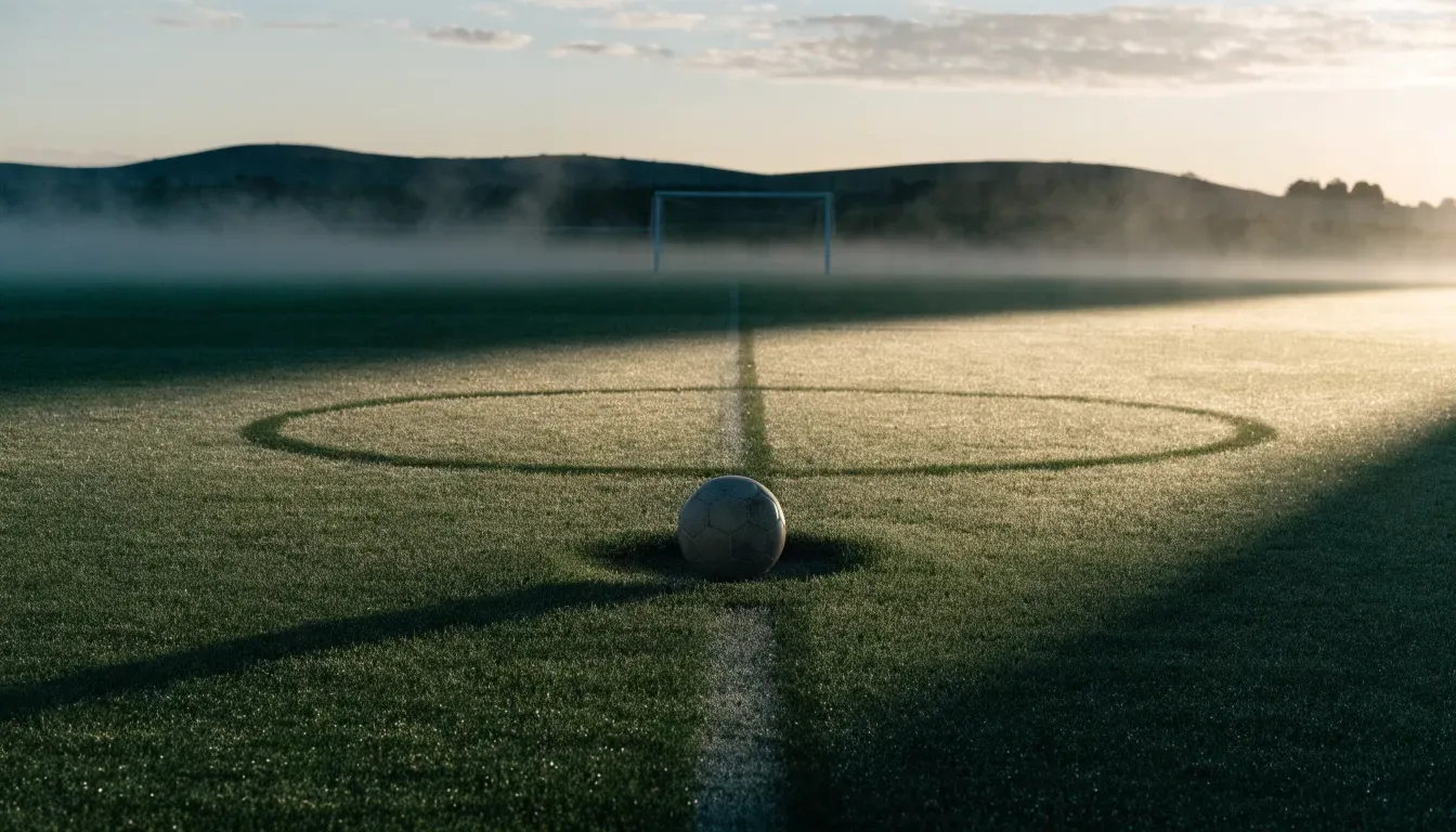 Ein Fussball liegt am frühen Morgen auf dem Anstosspunkt eines taunassen Rasens, im Hintergrund erheben sich Hügel im Dunst.