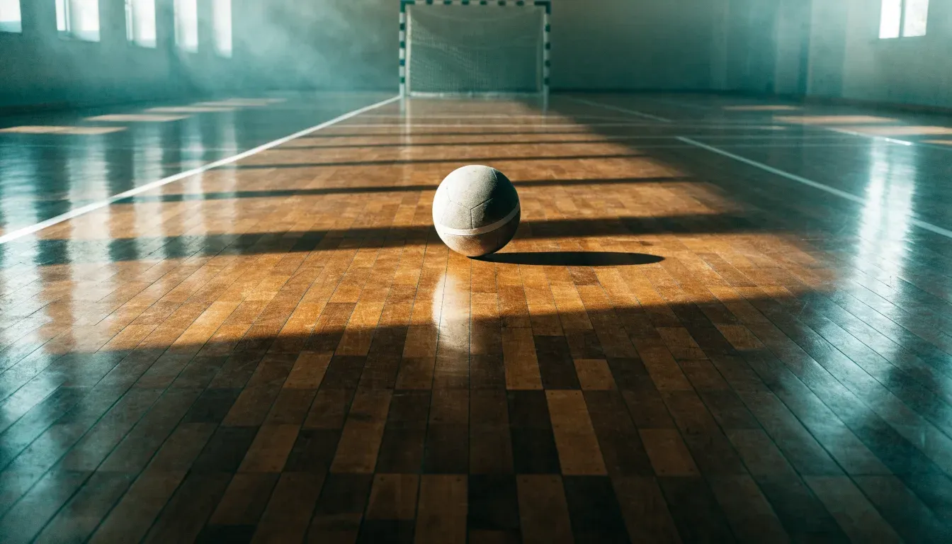 Der Boden einer Sporthalle aus poliertem Parkett mit einem einzelnen Handball in der Mitte, Licht fällt durch hohe Fenster.