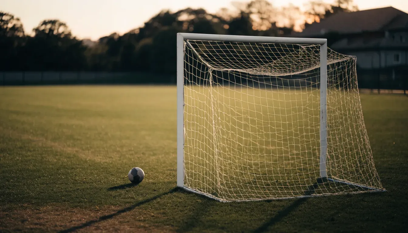 Ein Fussballtor mit locker hängendem Netz auf einem Trainingsplatz, das sich leicht im Wind bewegt.