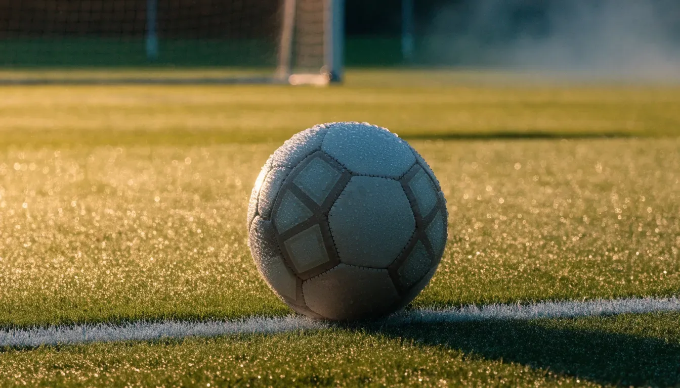 Ein Fussball ruht an der Seitenlinie im taufeuchten Gras, die ersten Sonnenstrahlen fallen schräg über den Platz.