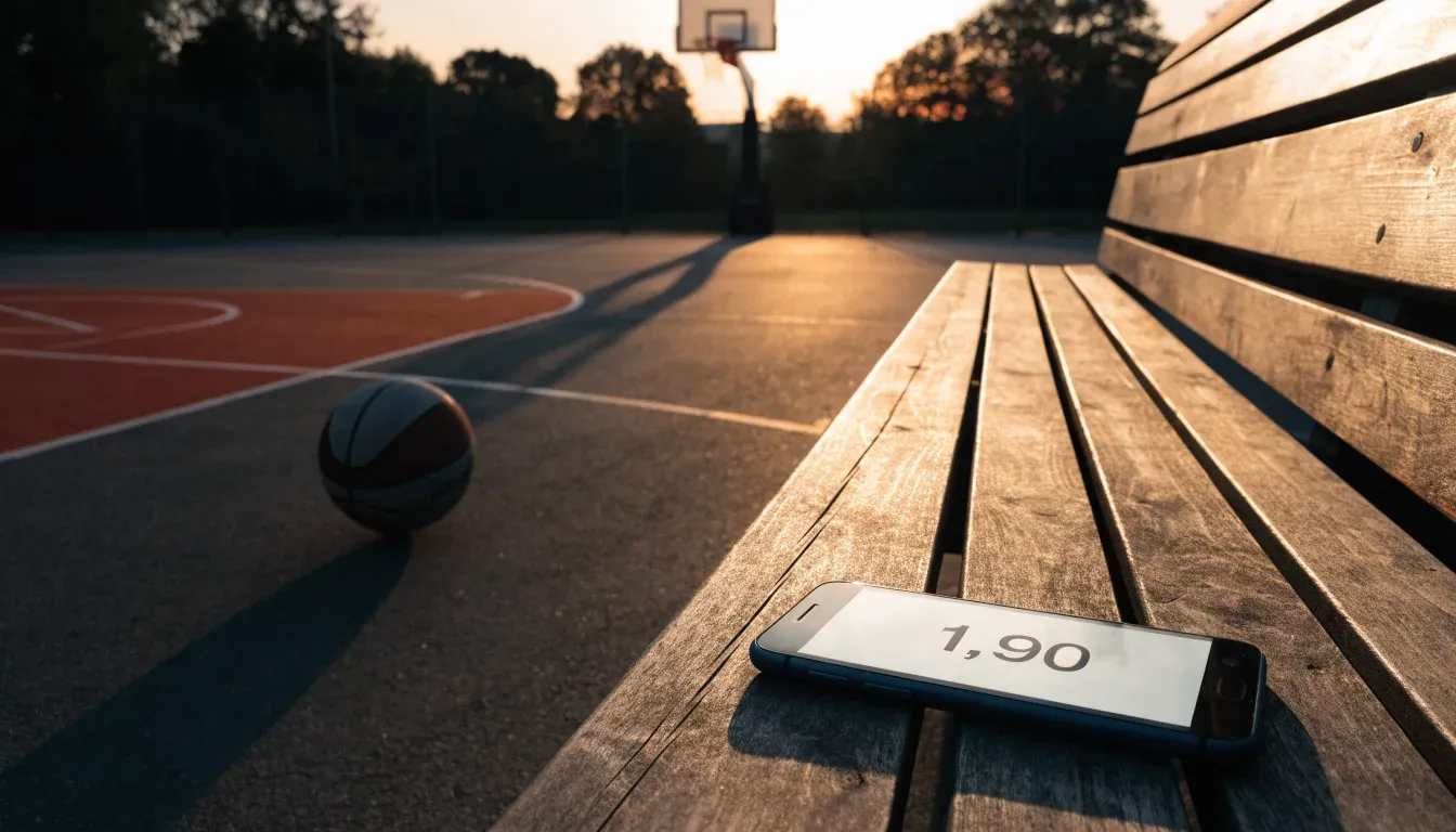 Ein Basketball liegt bei Sonnenuntergang auf einem leeren Aussenplatz, lange Schatten fallen über den Boden.