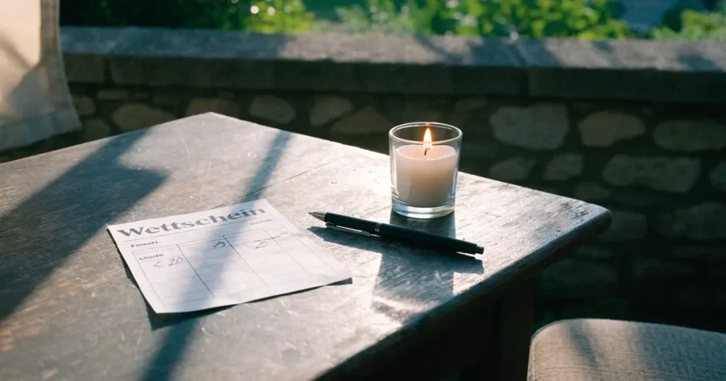 Ein leeres Wettschein-Papier und ein Kugelschreiber liegen auf einem Gartentisch auf einer Terrasse, daneben steht ein Windlicht.