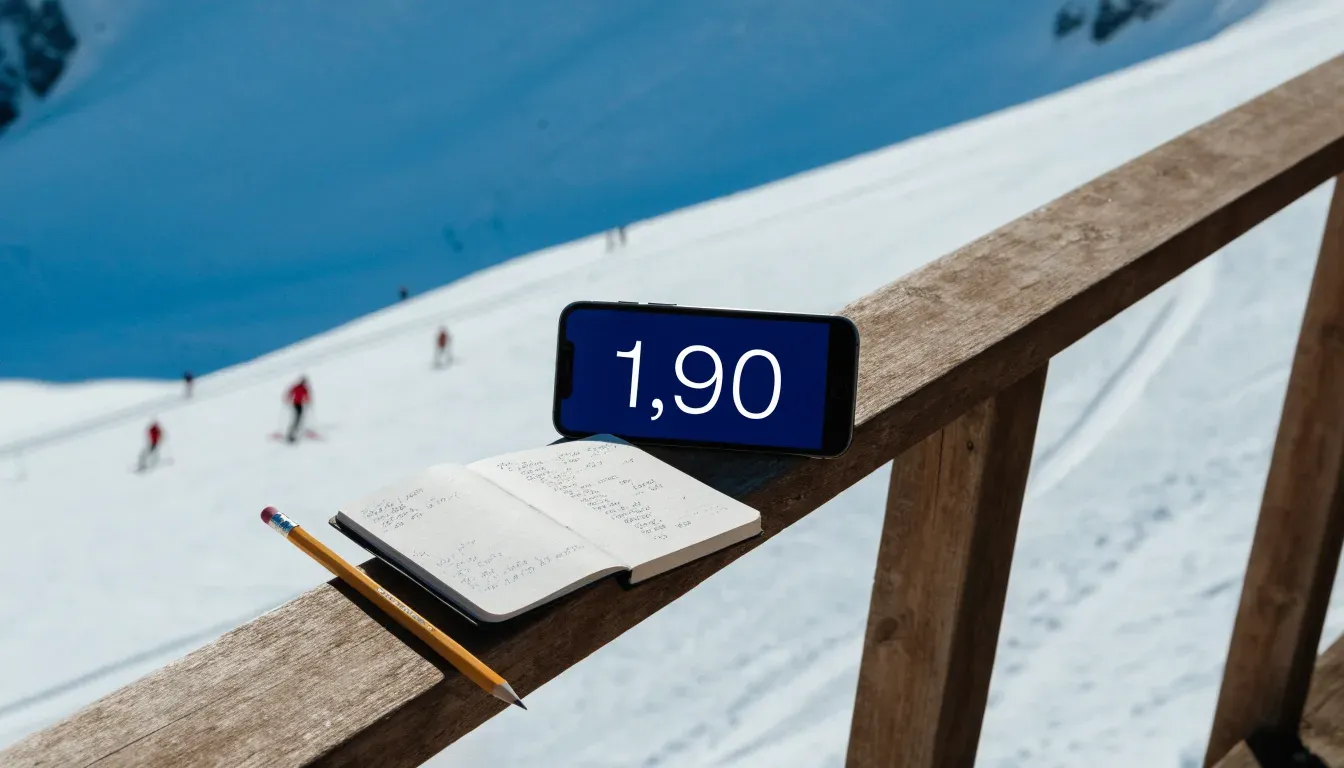 Skispuren im frischen Schnee an einem sonnigen Hang vor blauem Himmel.