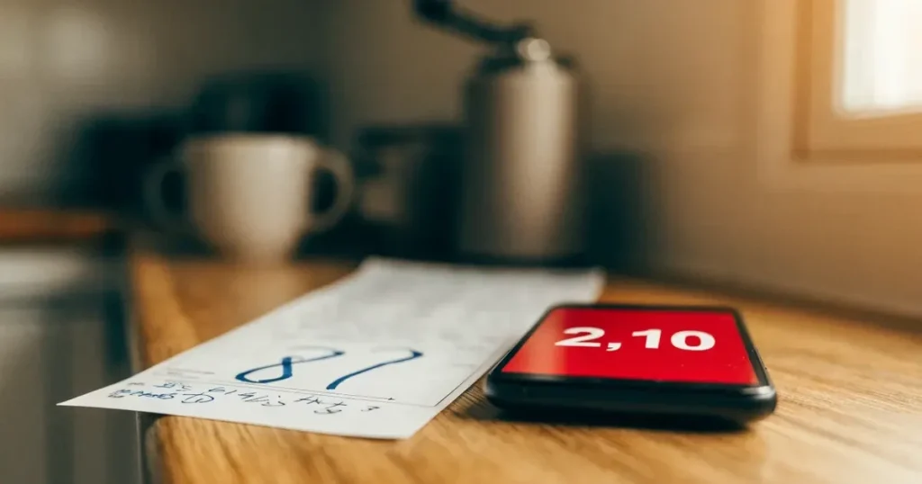 Eine leere cremefarbene Karte lehnt an einer Kaffeemühle auf einer Küchenablage.