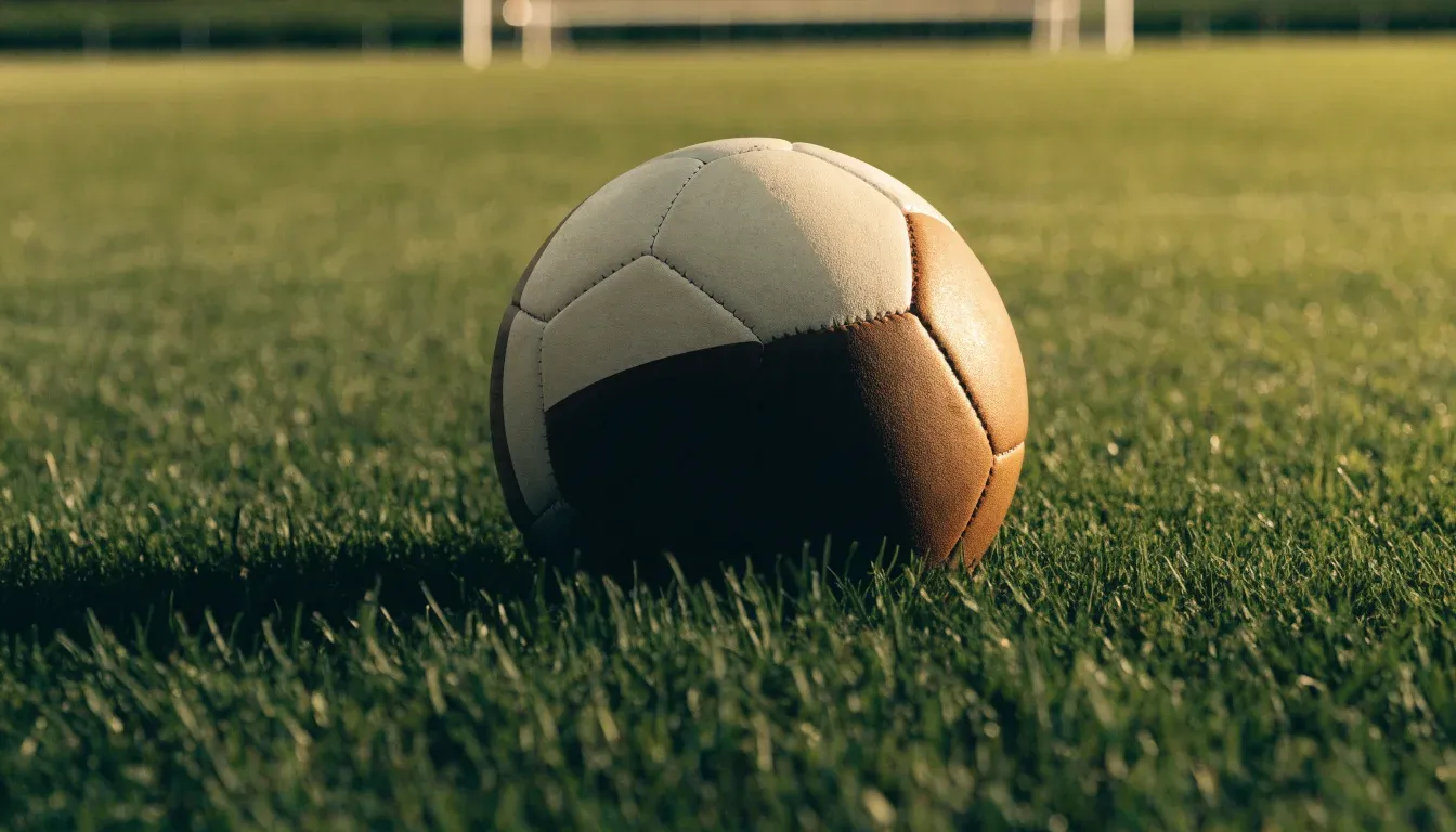Ein Fussball auf dem Rasen aus niedriger Perspektive aufgenommen, die Torpfosten verschwimmen im Hintergrund.