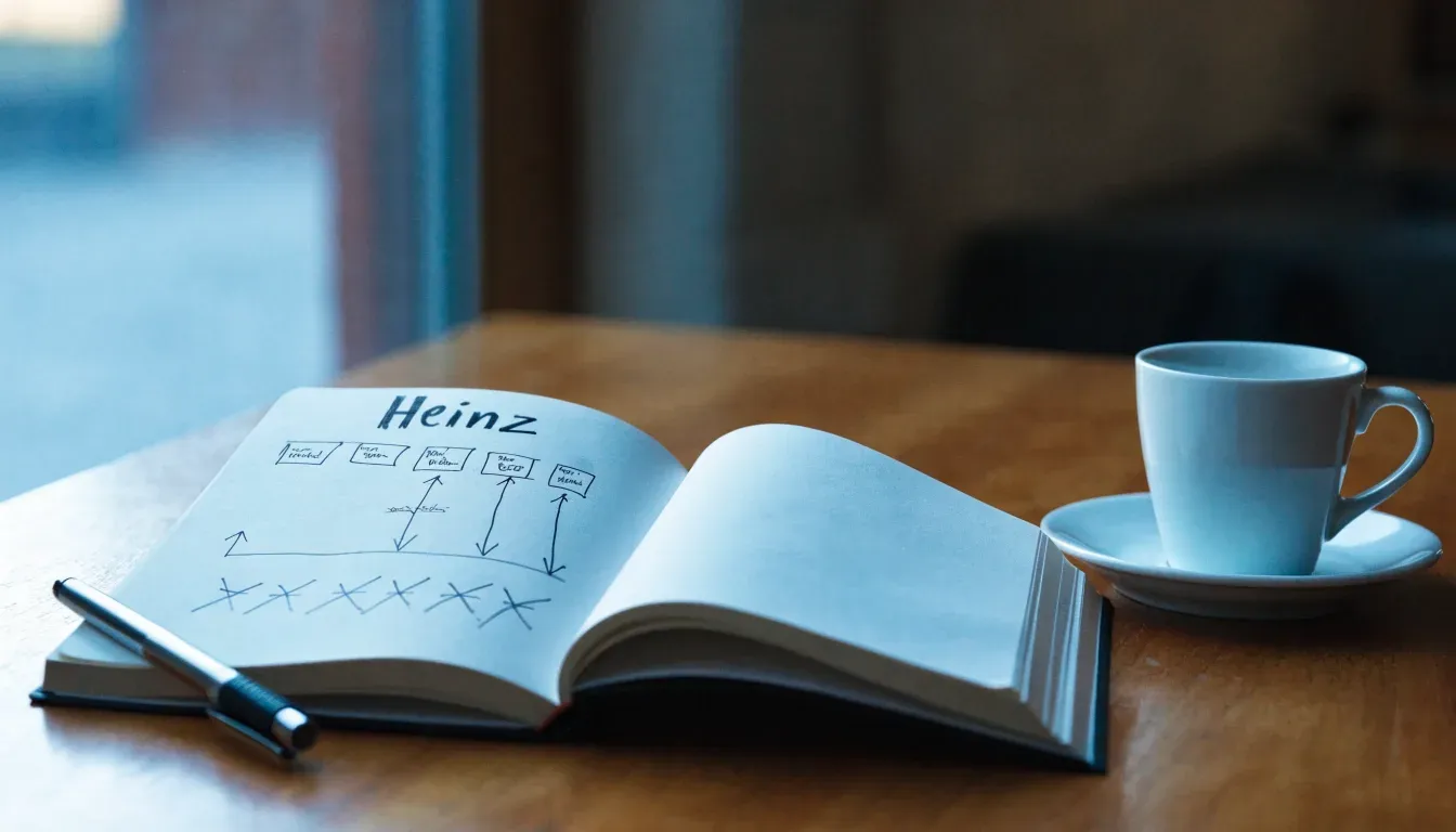 Ein aufgeschlagenes Notizbuch mit handschriftlichen Pfeilen und Kästchen liegt neben einer Kaffeetasse auf einem Schreibtisch am Fenster.