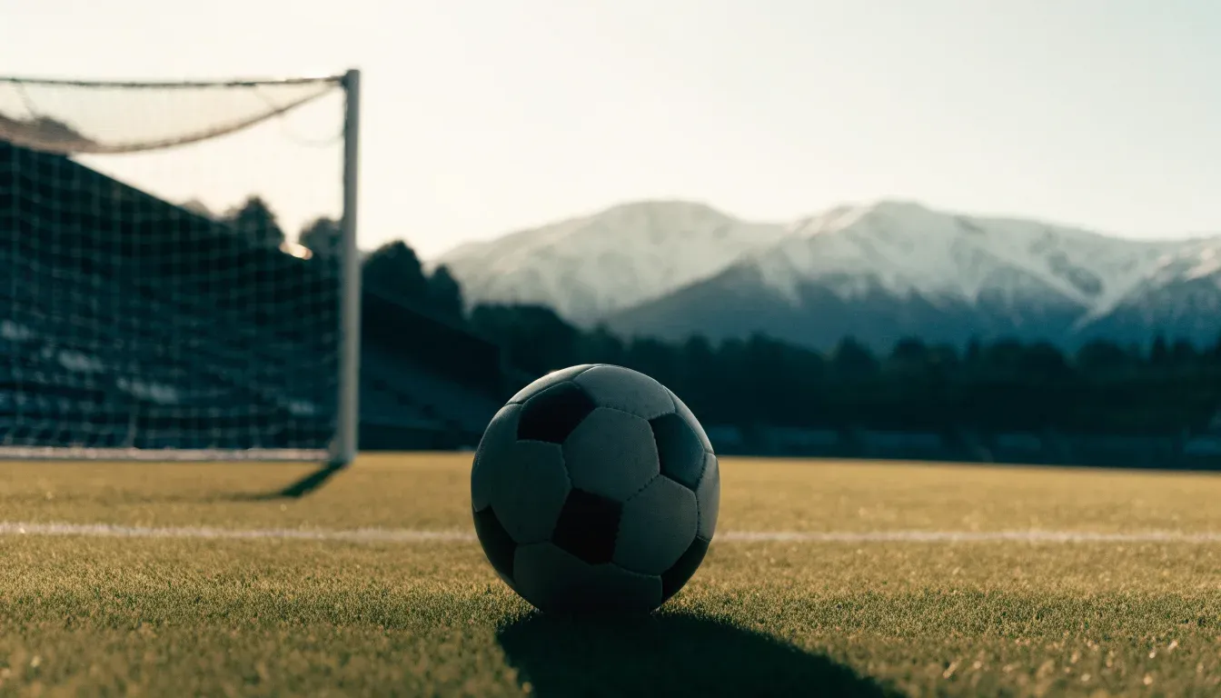 Ein Fussball liegt auf dem Rasen eines leeren Stadions am frühen Abend, dahinter erheben sich schneebedeckte Berge unter klarem Himmel.