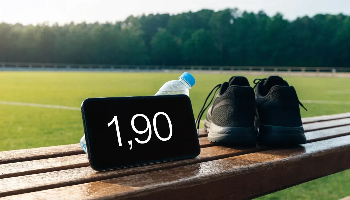 Ein Smartphone mit dunklem Bildschirm lehnt an einer Wasserflasche, daneben stehen Laufschuhe auf einer Bank am Sportplatz.