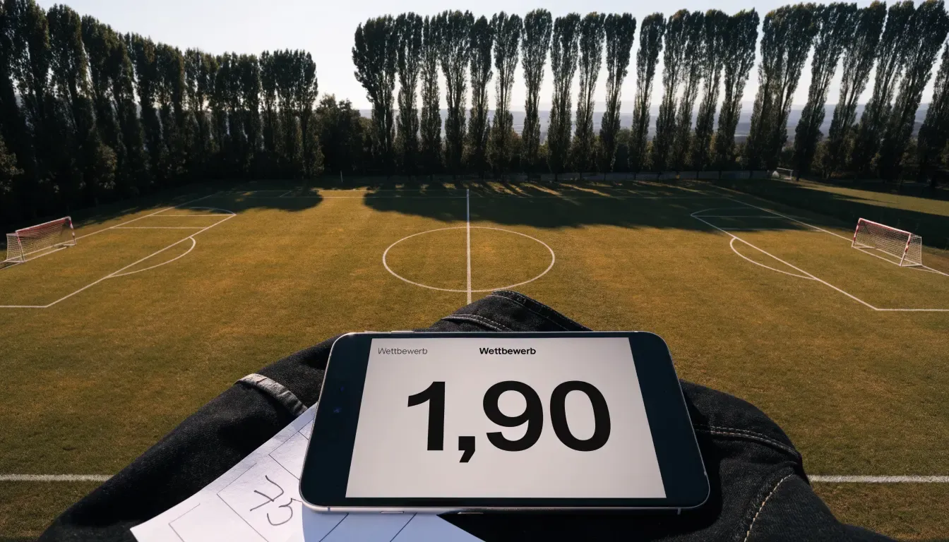 Ein leerer Fussballplatz mit weissen Linien von oben gesehen im Morgenlicht, am Rand stehen zwei Tore und eine Reihe Pappeln.